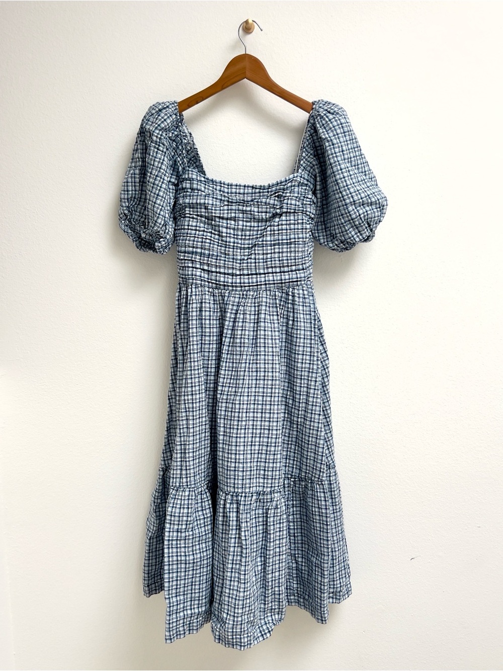 Abercrombie & Fitch Emerson Puff Sleeve Midi Dress, Blue Gingham, Medium - Picture 2 of 9